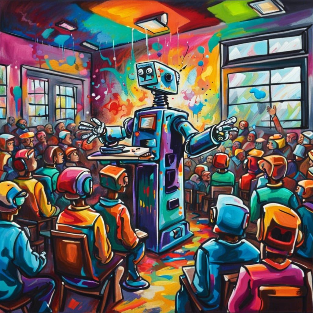 Robot Professor Teaching Students in Graffiti Art Style