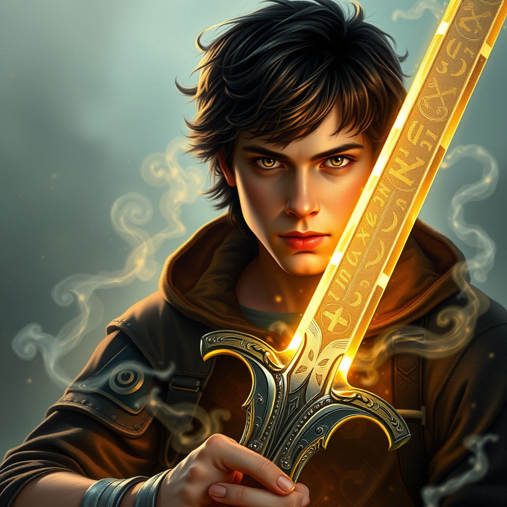 Percy Jackson with Gleaming Sword in Ethereal Mist