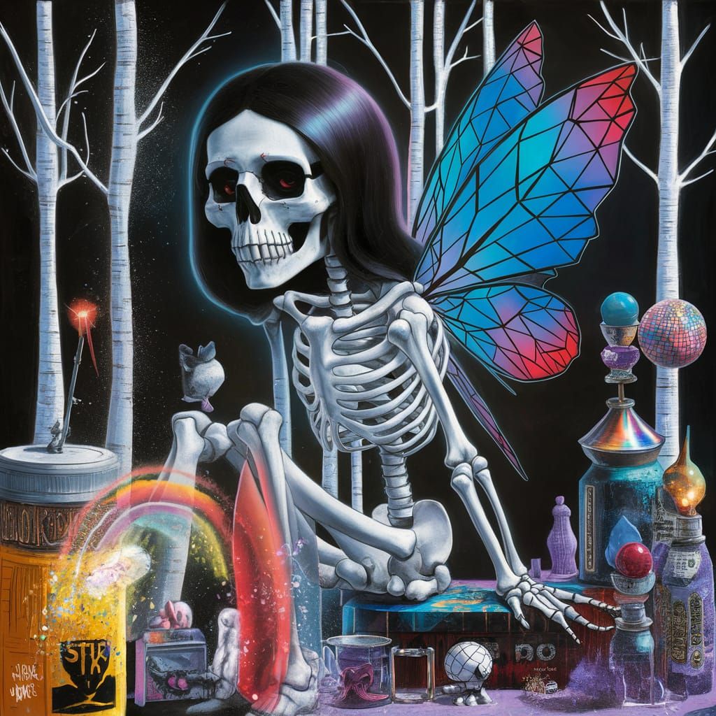 Cubist Goth Skeleton Fairy with Geometric Wings