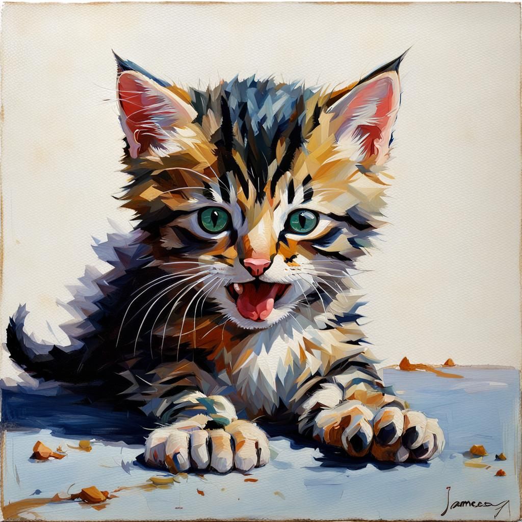 Kitten Licking Paw as Oil Painting