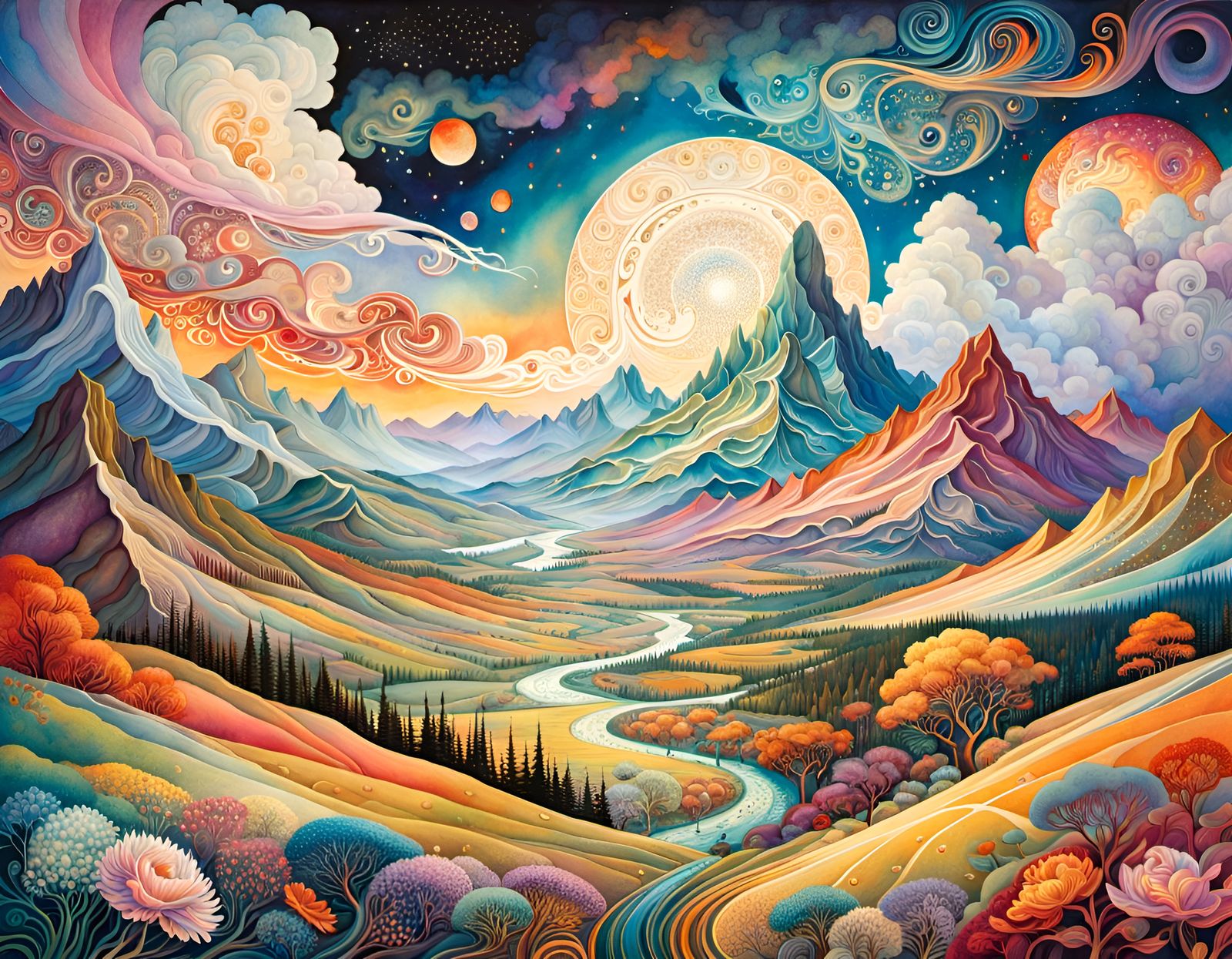 Chaotic Cosmic Landscape: Watercolor Illustration