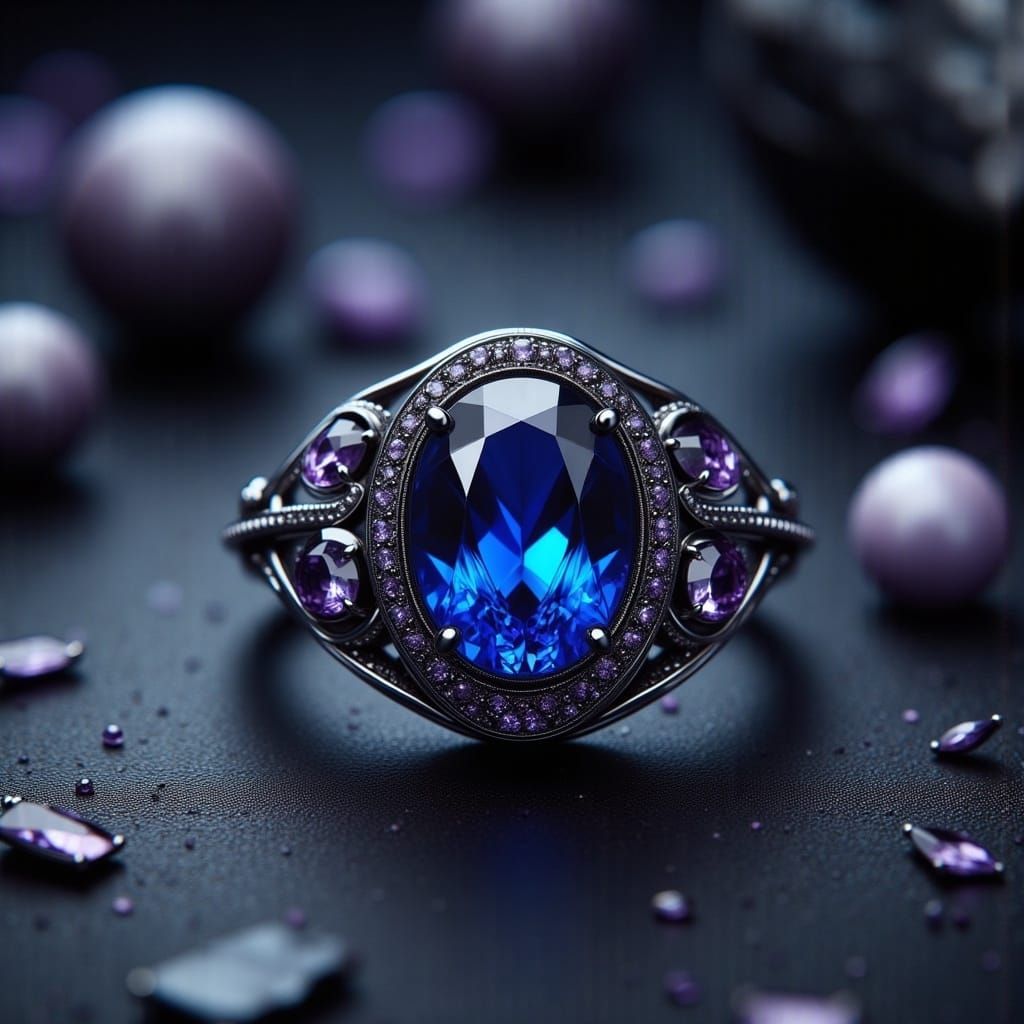 Luxurious Black Gold Band with Blue Sapphire and Purple Diam...