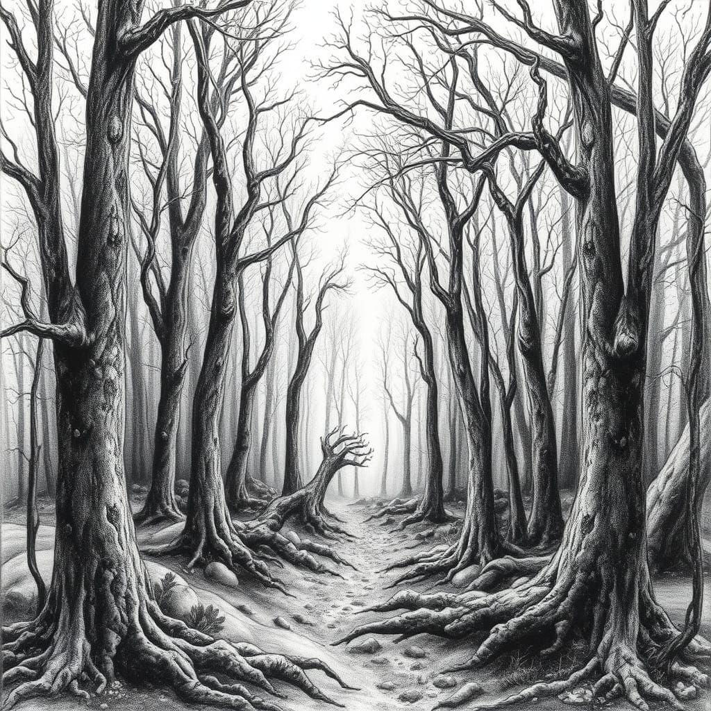 Mystical Forest Charcoal Drawing in Digital Art Style