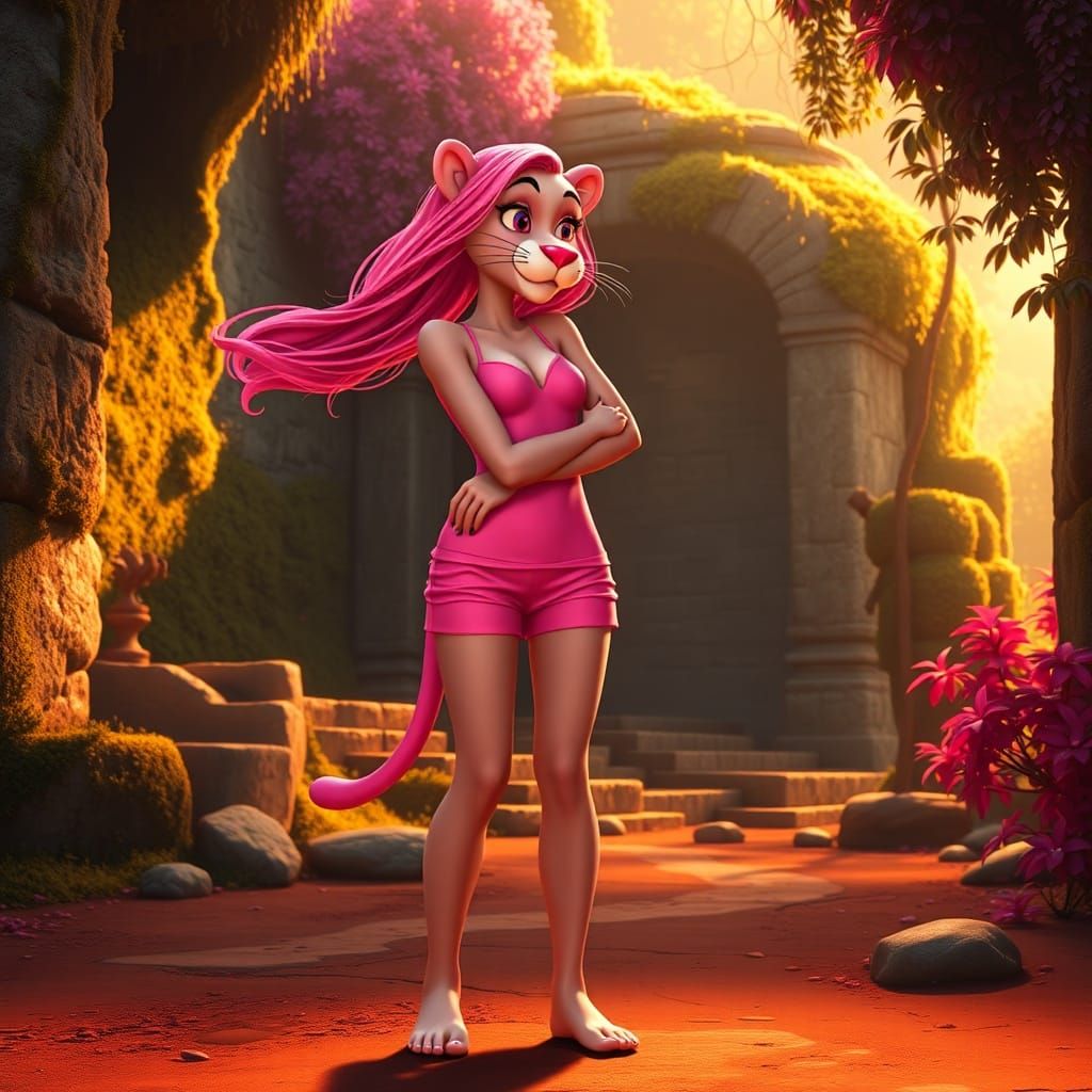 Woman Embraces Pink Panther Amidst Ancient Ruins