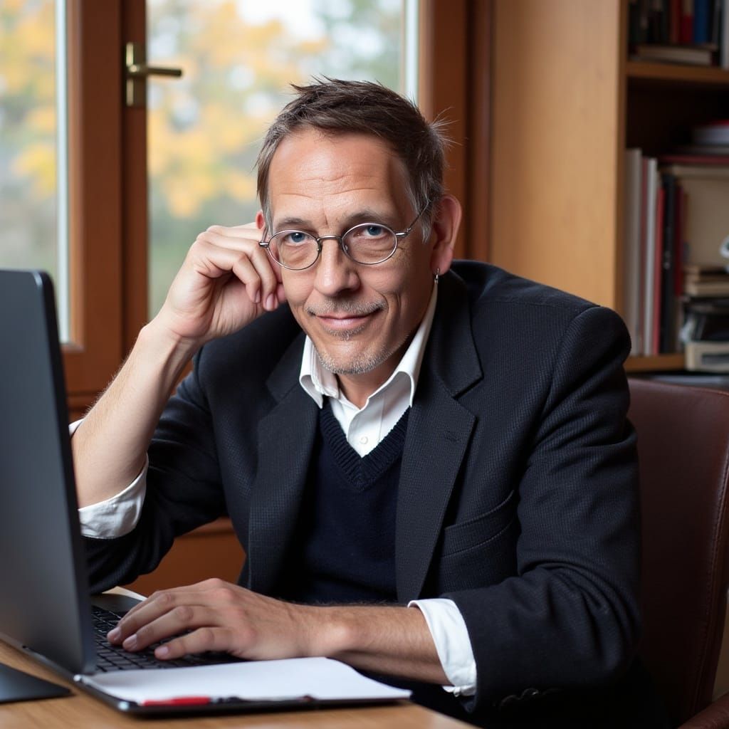 Concentrated Person Working at Computer in Autumn