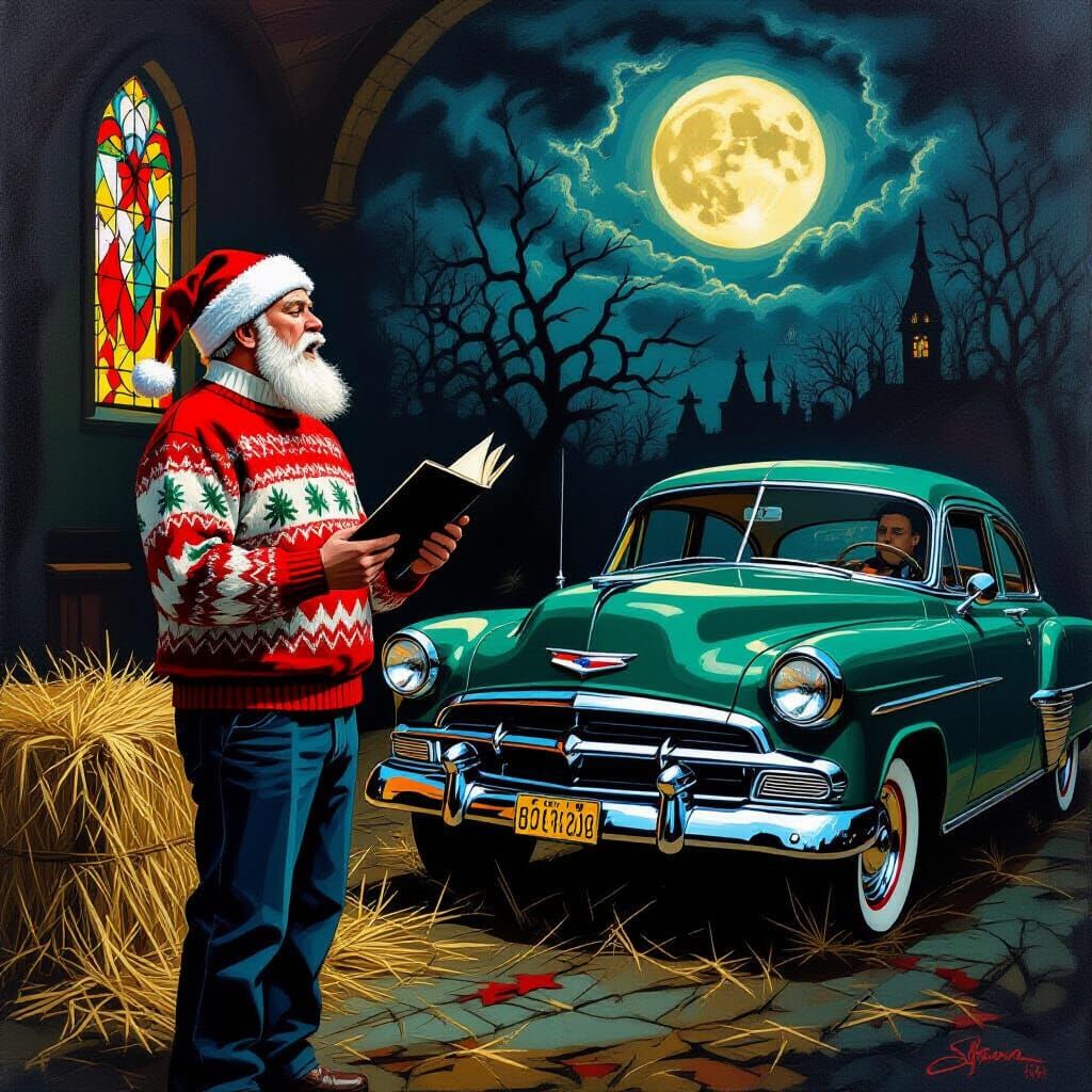 Gothic Expressionist Choir Singer with Vintage Cars