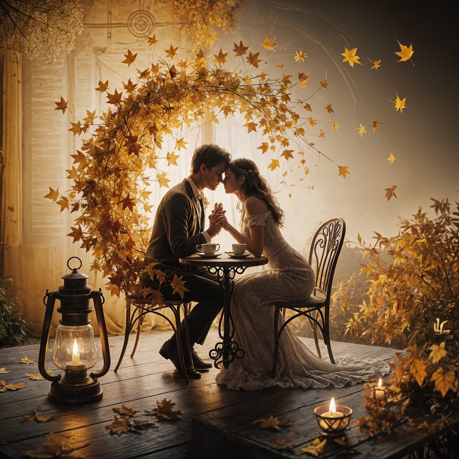 Golden Autumn Leaves Form Lovers at Cafe