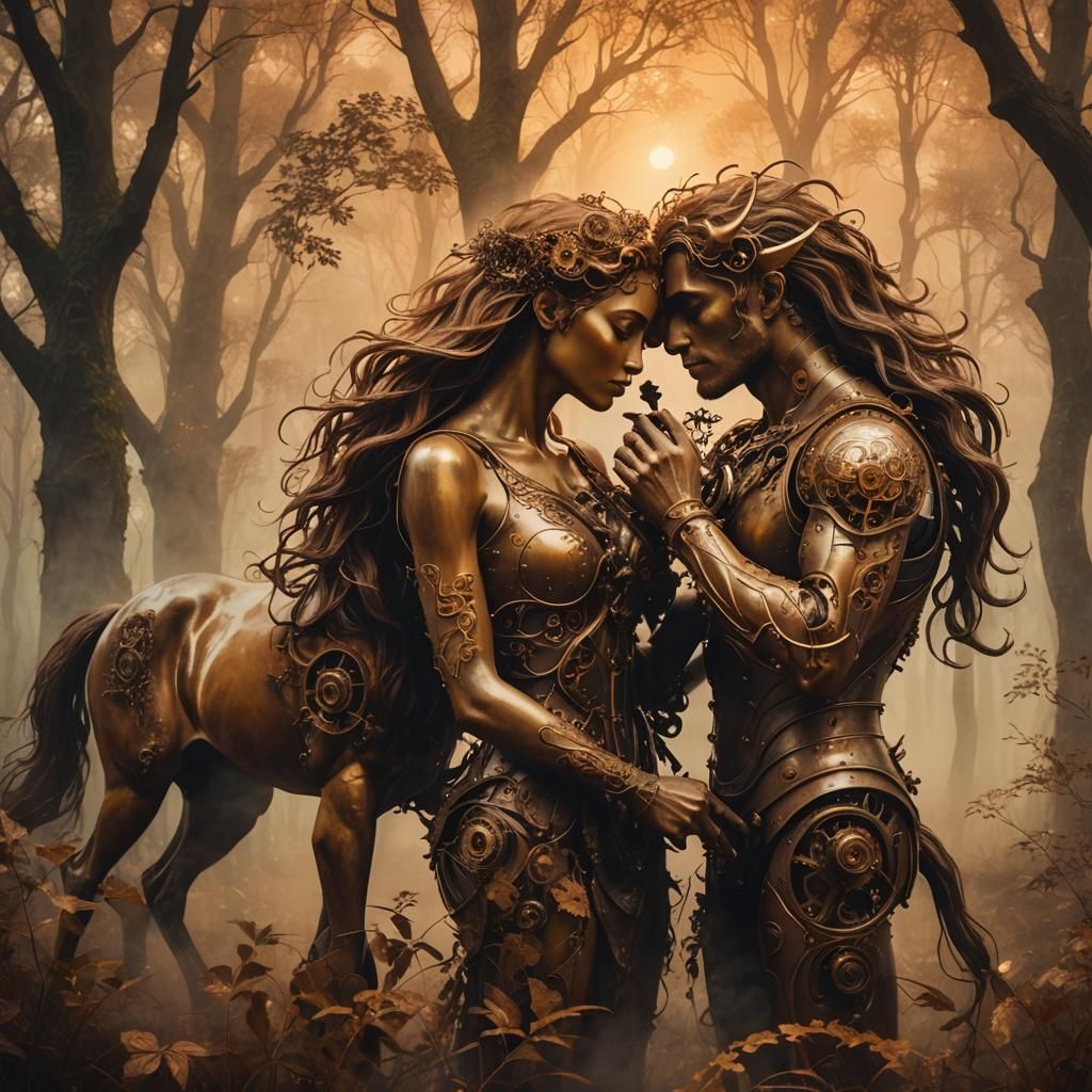 Centaurs' Intimate Kiss in Lush Forest, Romantic Realism