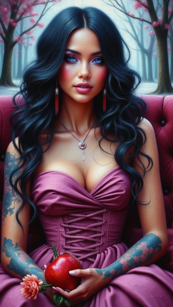 Ethereal Woman in Luxe Satin Gown with Intricate Tattoos