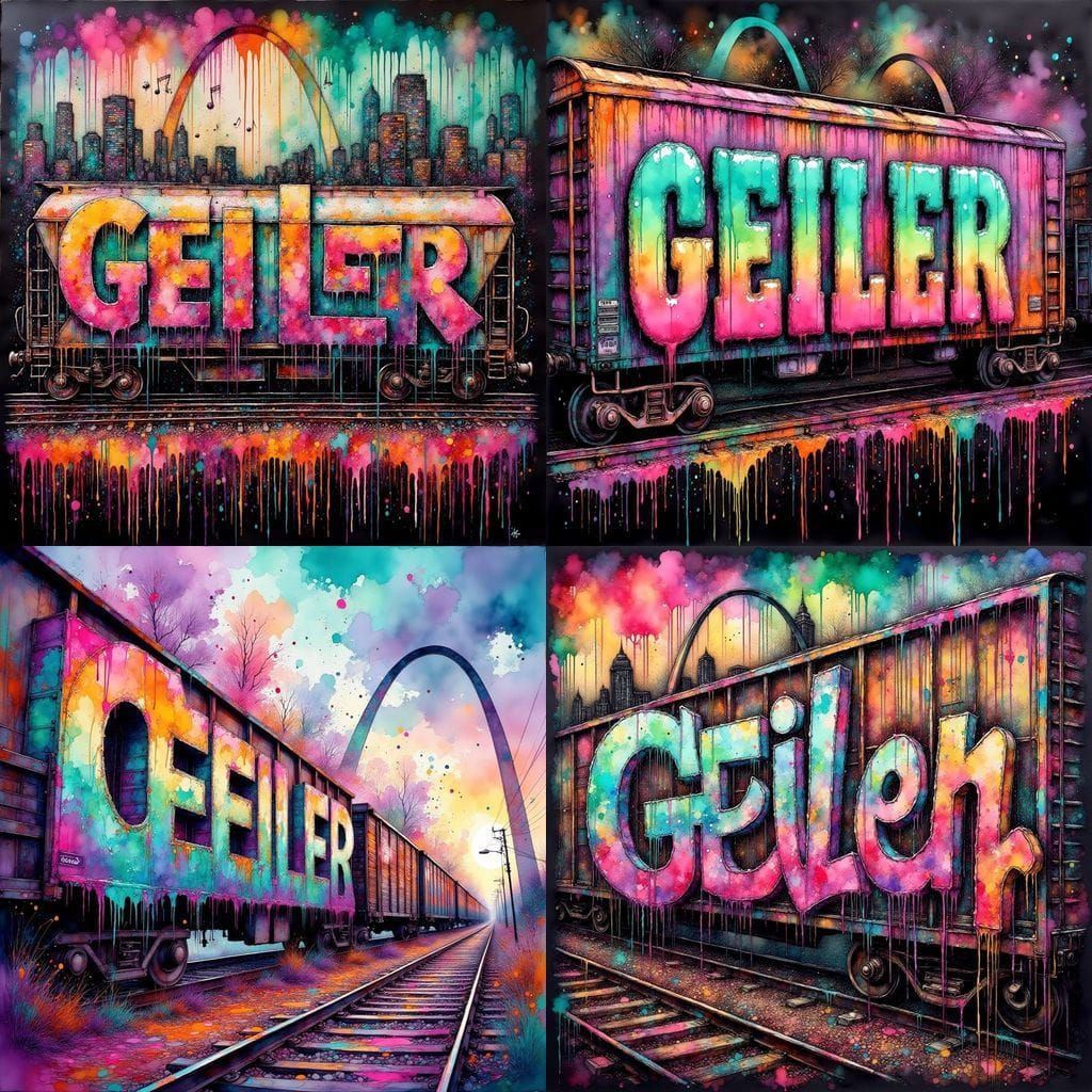 Graffiti Train Car with "GEILER" in Teal, Pink, Purple, and ...