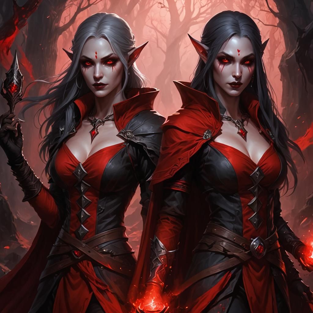 Mystical Twin Drow Sorceresses in Dark Fantasy