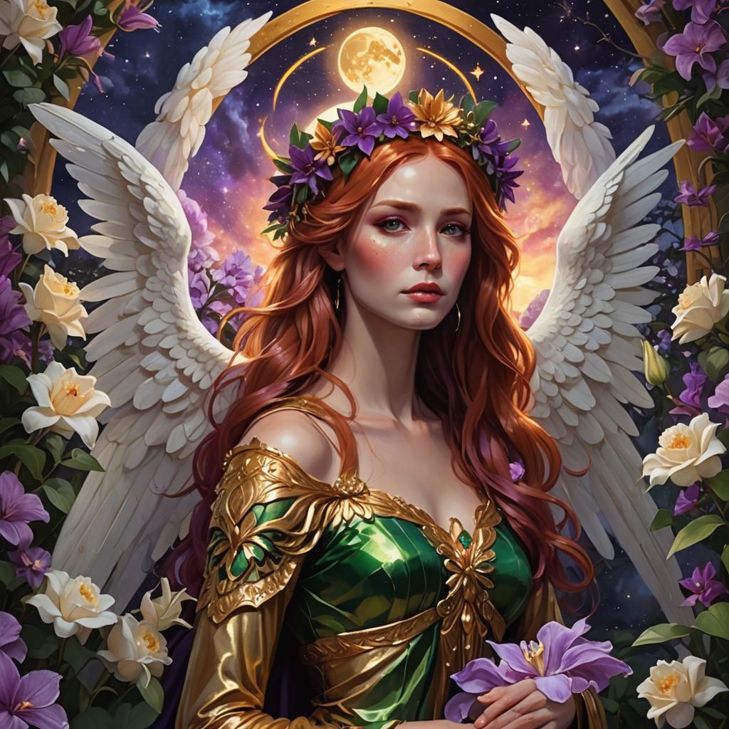 Sorrowful Angel with Wings in Radiant Night Garden