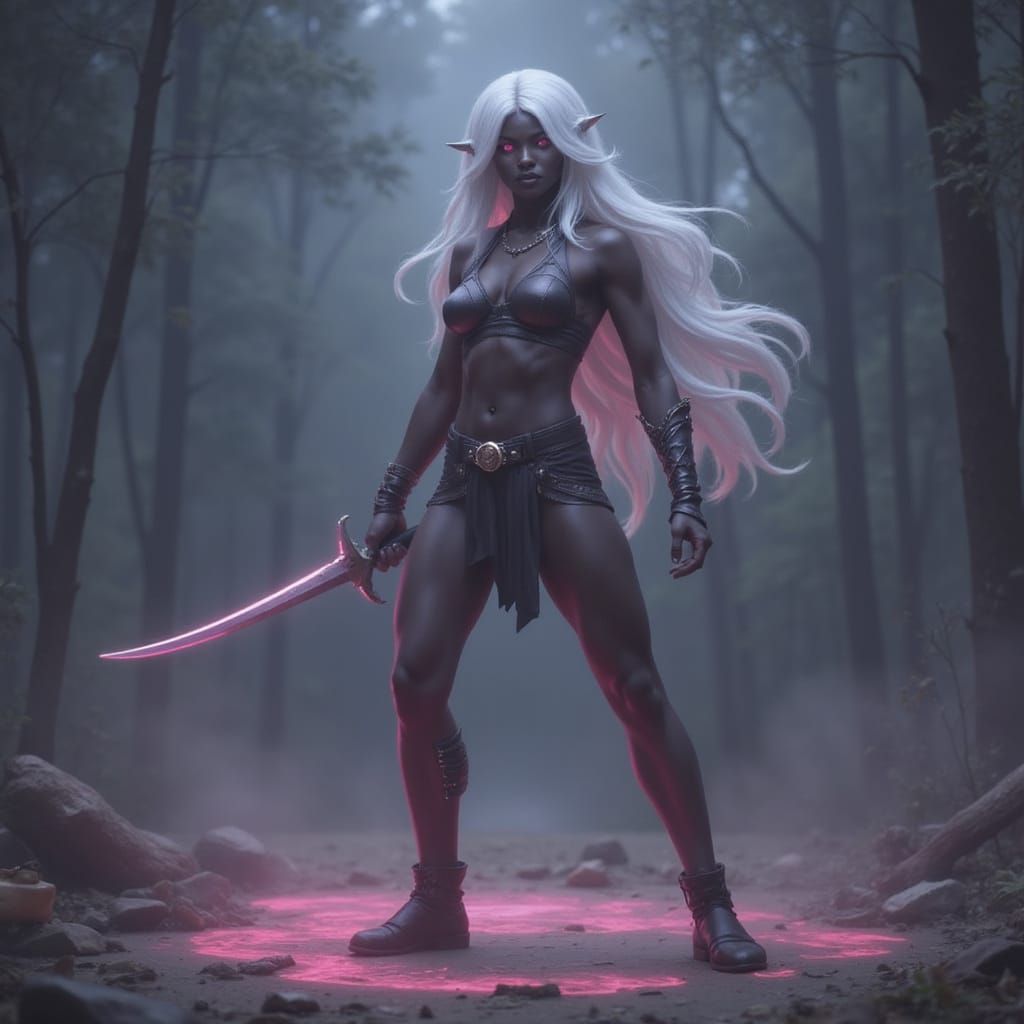 Muscle-Bound Drow Woman with White Hair and Pink Eyes