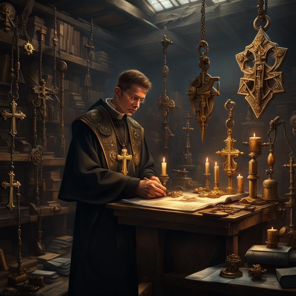 Priest Forges Sacred Weapon in Dark Fantasy Workshop