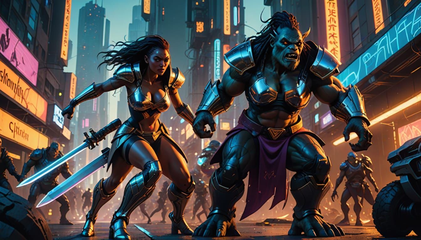 Cyberpunk Superheroine vs Troll in Neon City