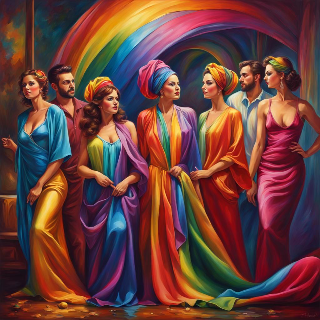 Rainbow Satin Attire in Abstract Oil Painting Style