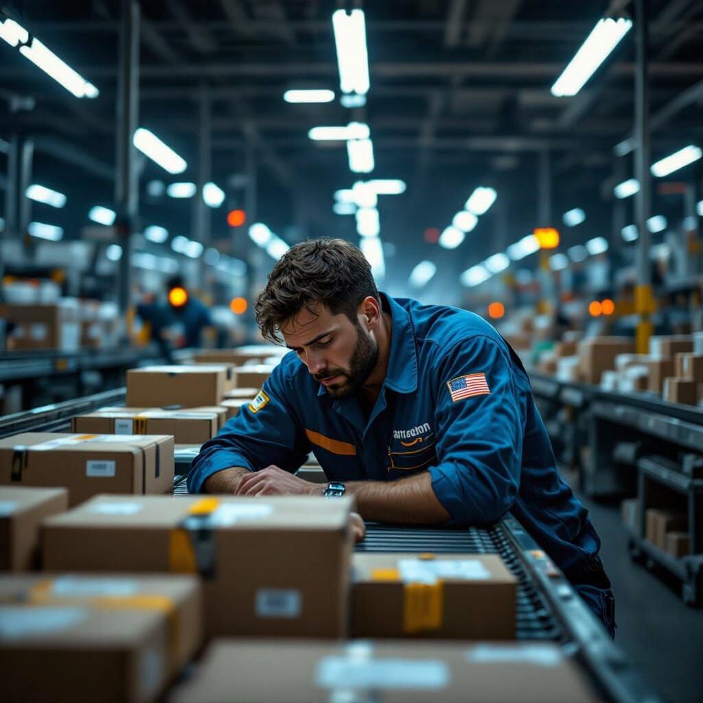 Exhausted Amazon Worker in Dystopian Warehouse