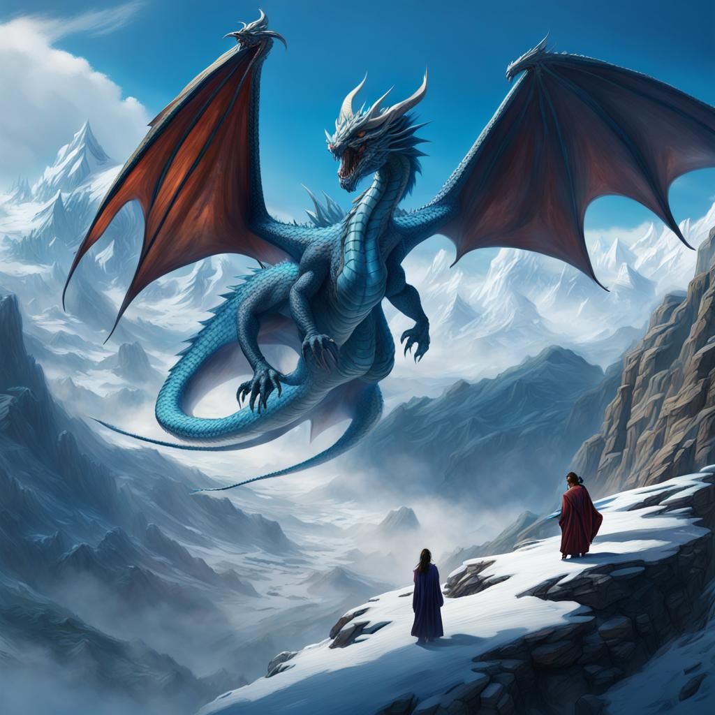 Blue Dragon Over Snowy Mountains in Dark Fantasy Style
