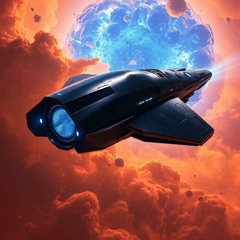 Futuristic Black Spaceship with Orange Nebula and Supernova