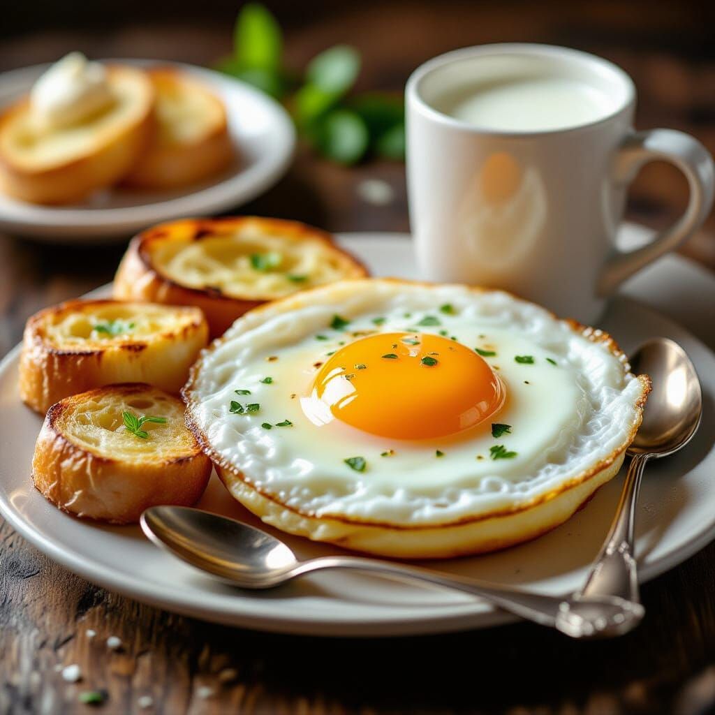 Delicious Fried Egg Breakfast with Garlic Bread