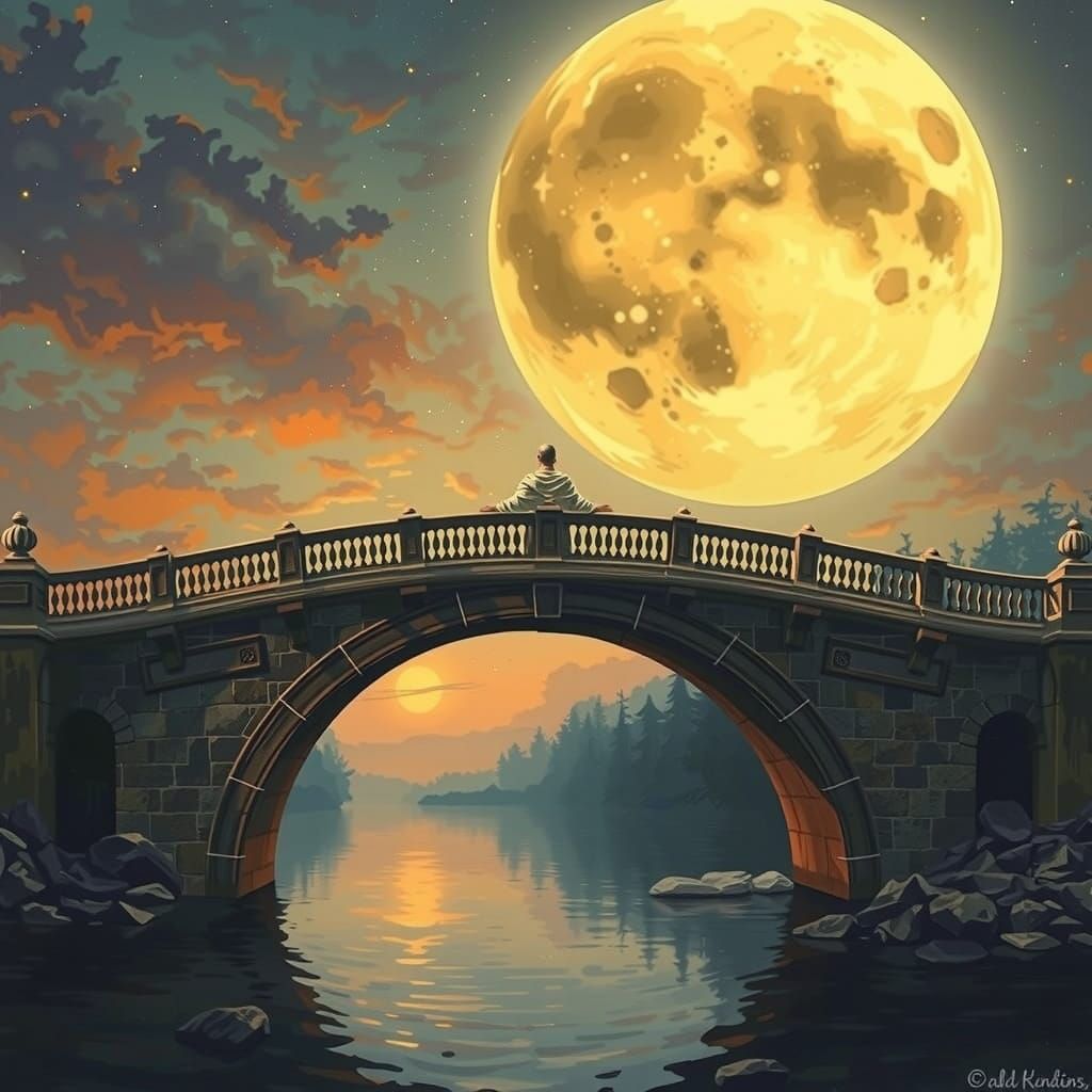 A Figure on a Bridge Beneath a Celestial Rose