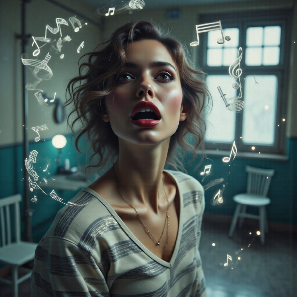 A Woman Sings Off Key in a Hyper-Detailed, Photorealistic Pa...