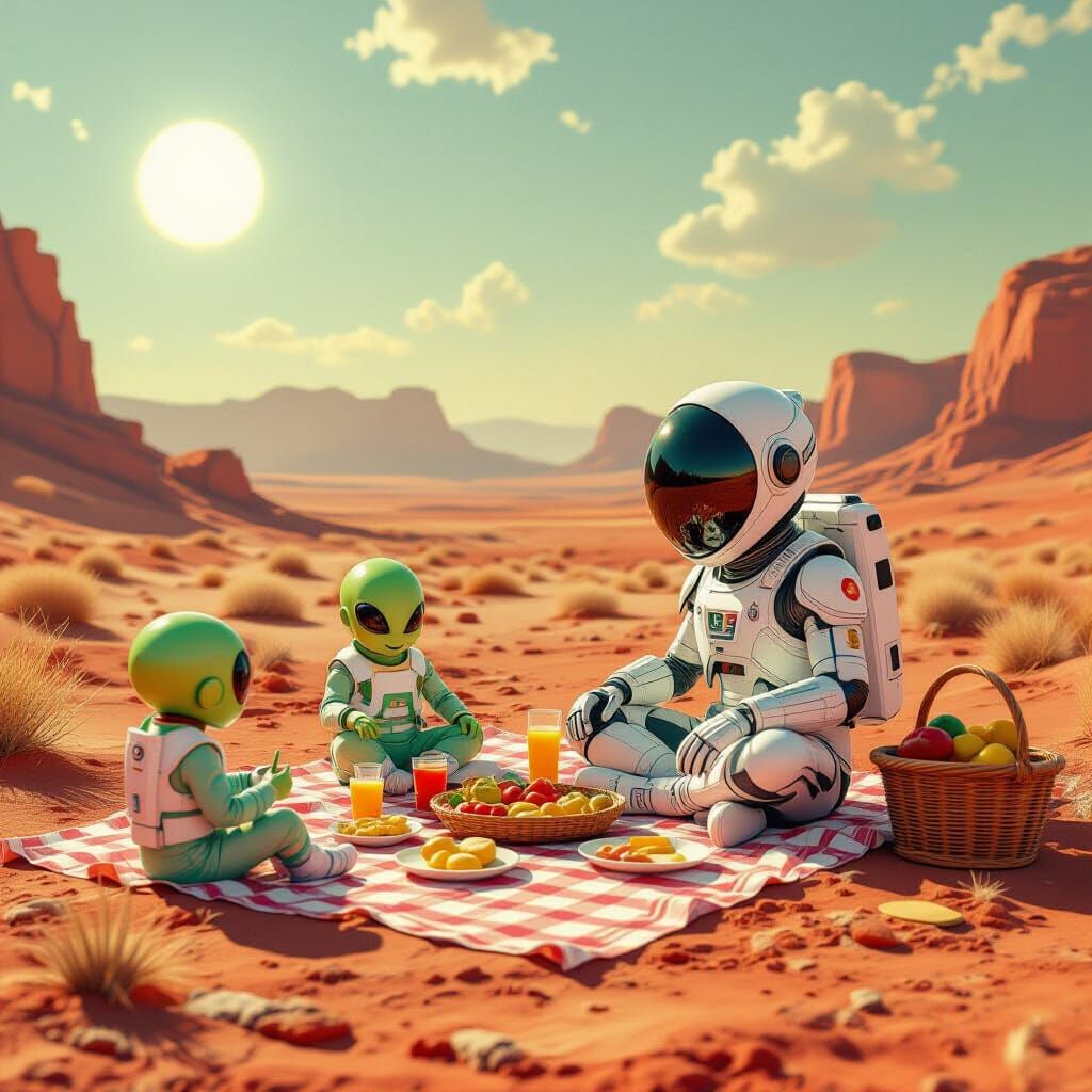 Vibrant Mars Picnic with Alien Children in Neo-Impressionist...