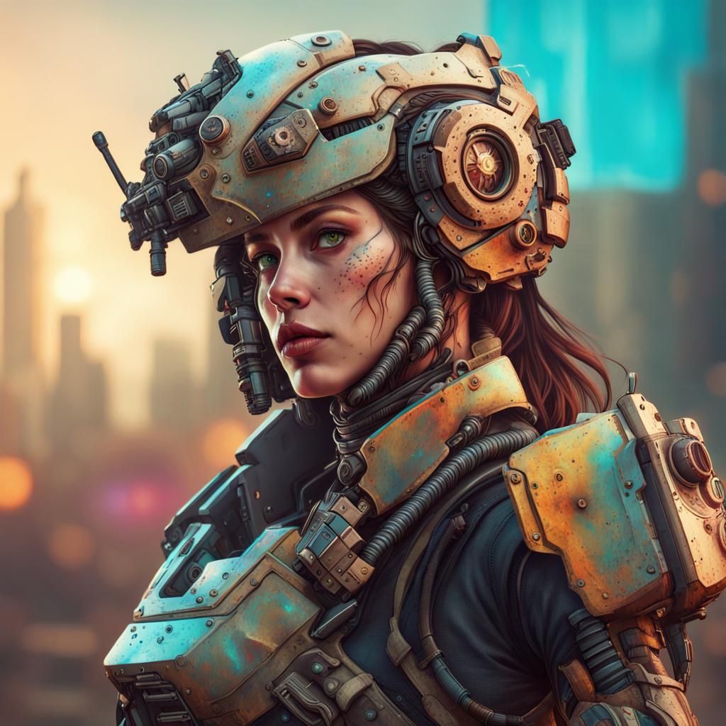 Post-Apocalyptic Female Mech Warrior Gazing at Future
