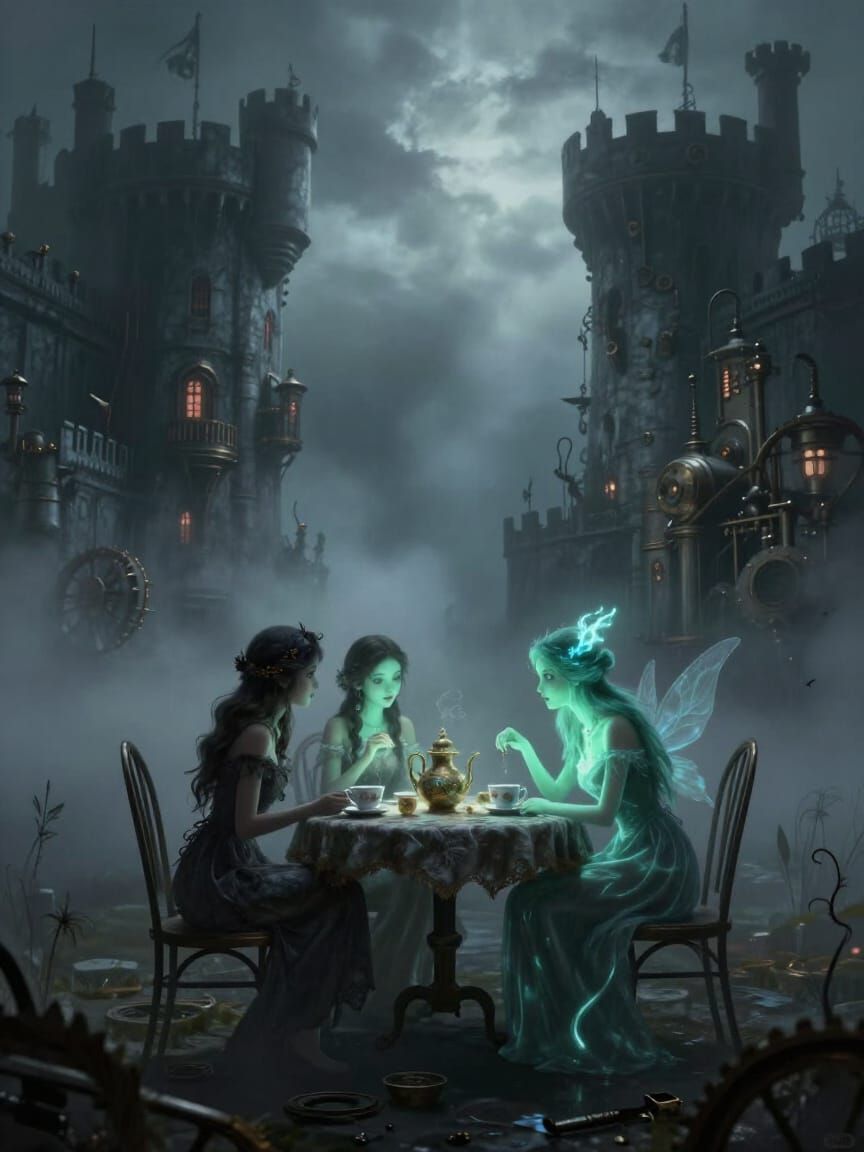 Bioluminescent Fairies Gossip in Foggy Castle Landscape Pain...