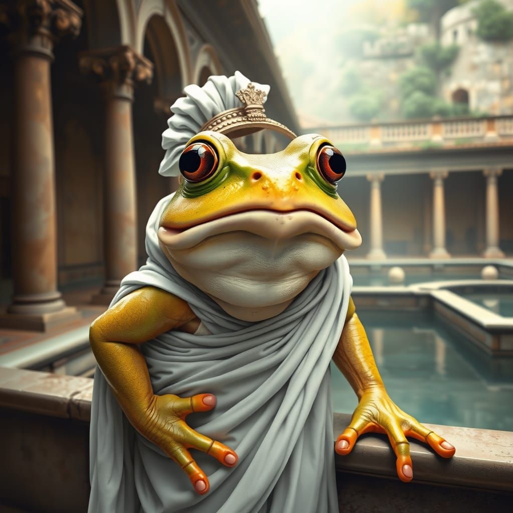 Anthropomorphic Frog in Roman Toga at the Baths