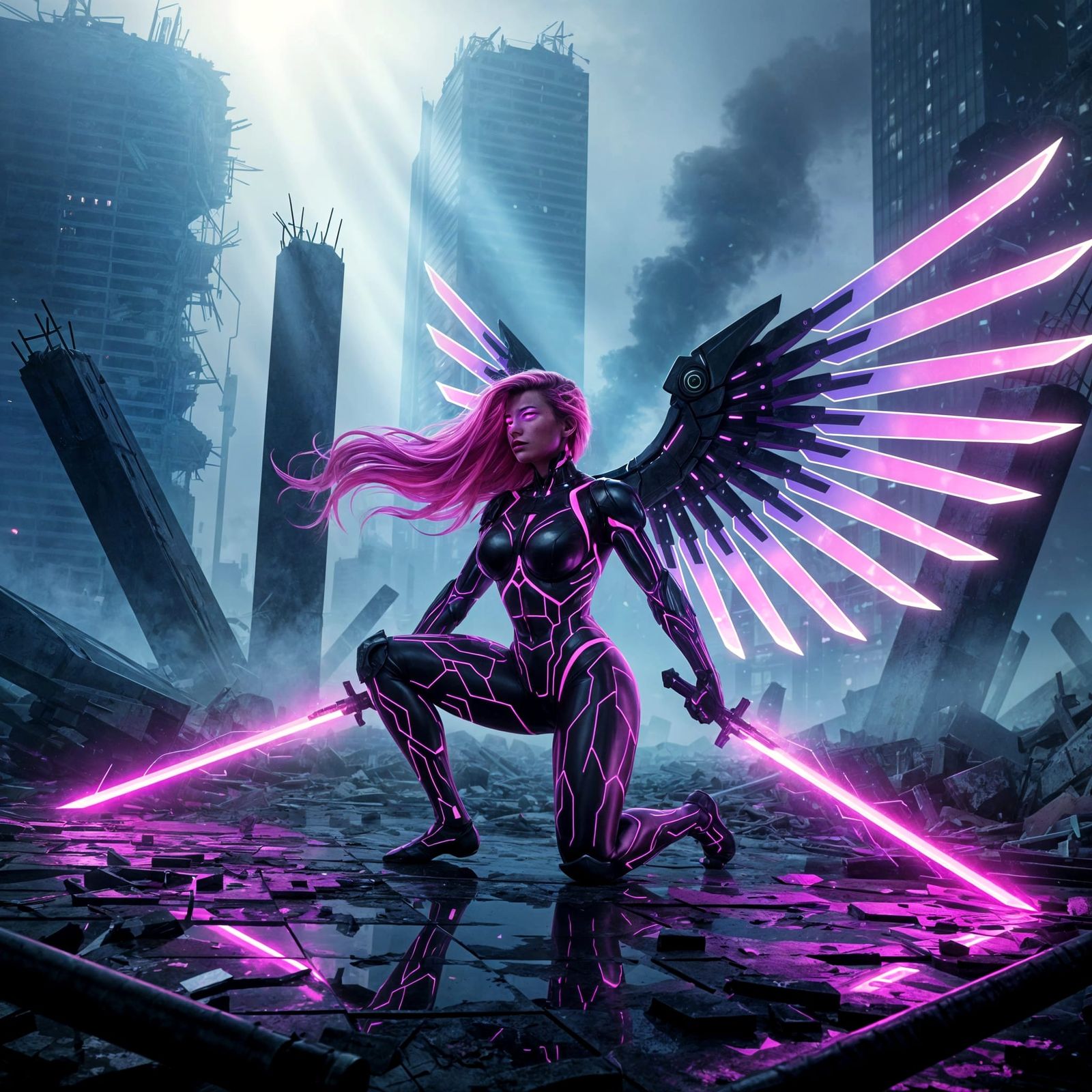 Cyberpunk Valkyrie in Ruined City with Neon Wings