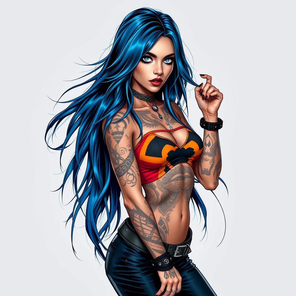 breathtaking woman, bright eyes, long luscious blue hair, pe...