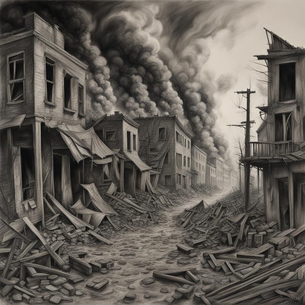 War-Torn Town in Detailed Charcoal Drawing