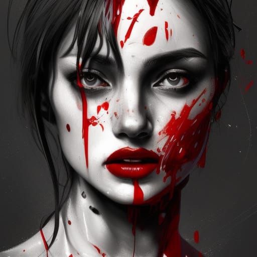 Monochrome Lady in Bloody Color, Hyperdetailed Portrait