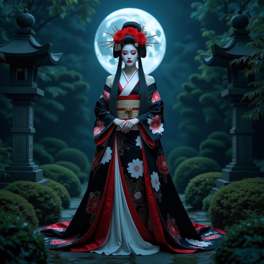 Japanese Goddess in Moonlit Garden with Red Parasol