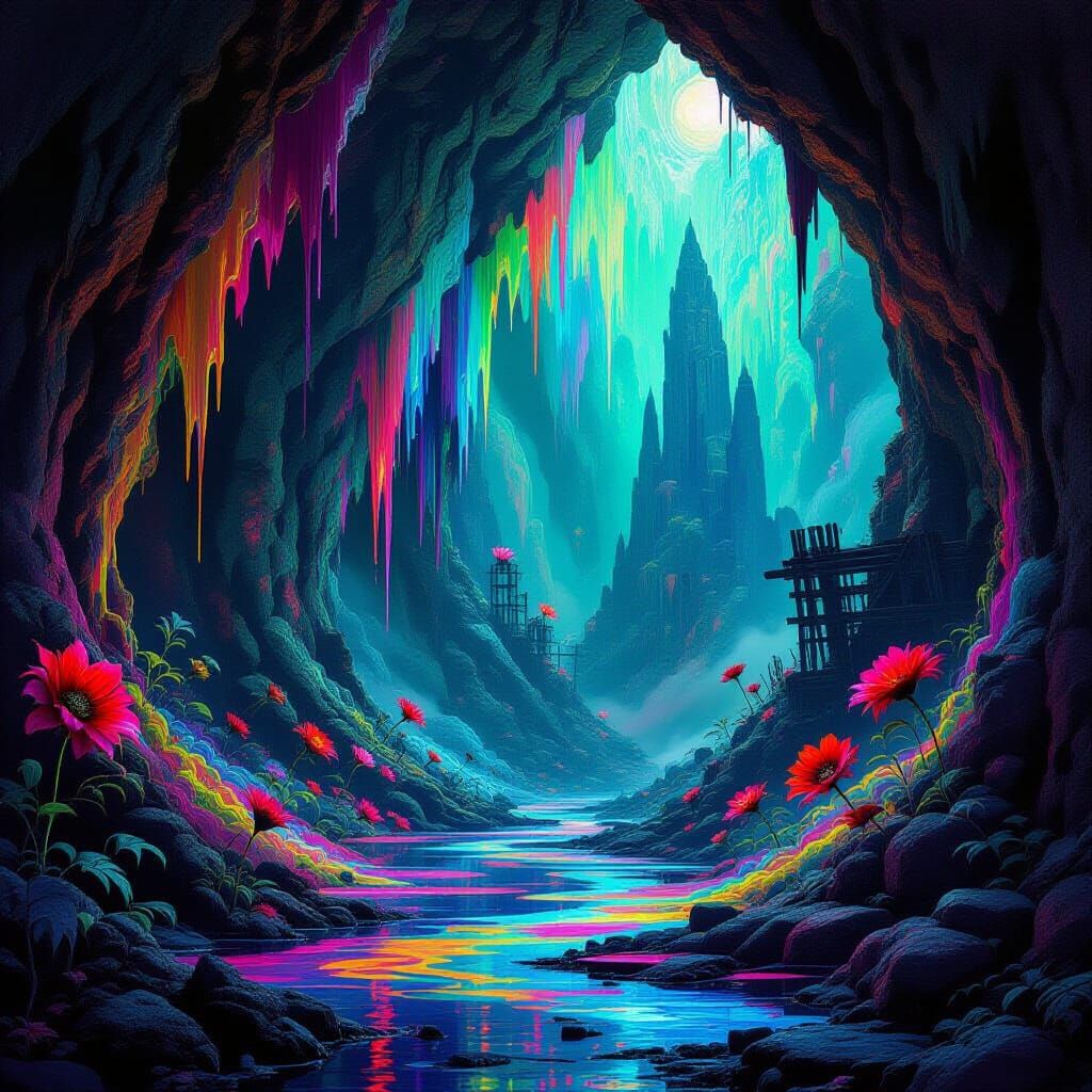Surreal World of Dripping Colors and Ancient Ruins