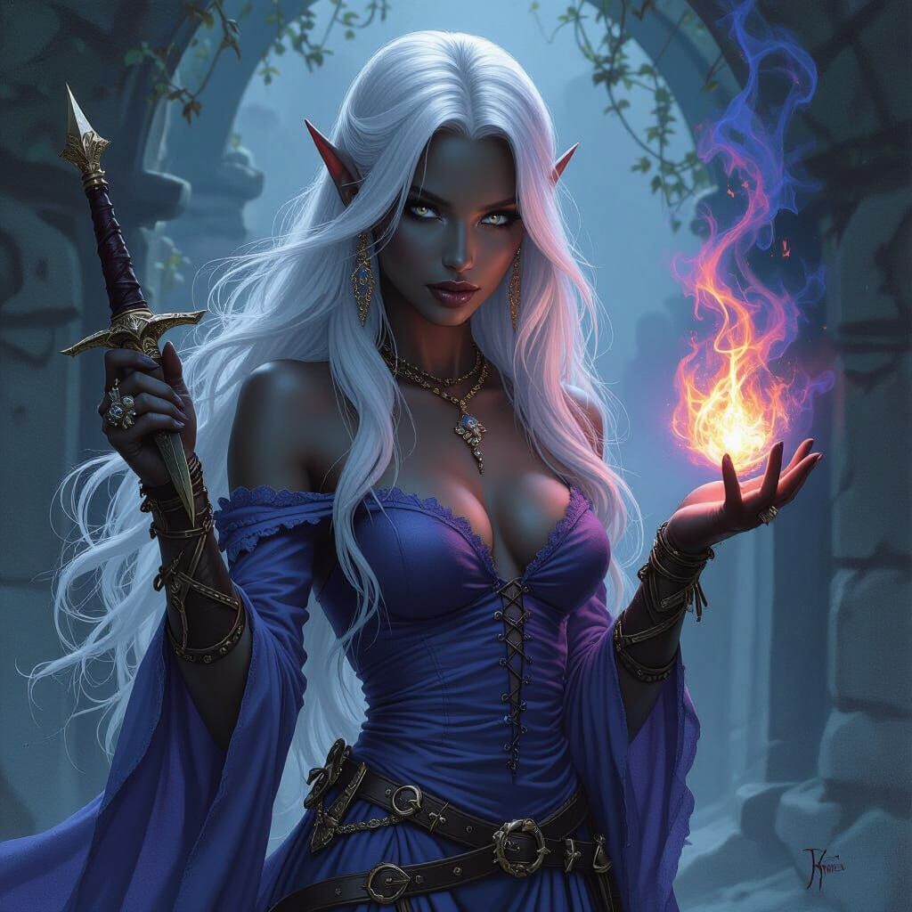 Drow Elf Wizard with Fire Magic in Oil Paint