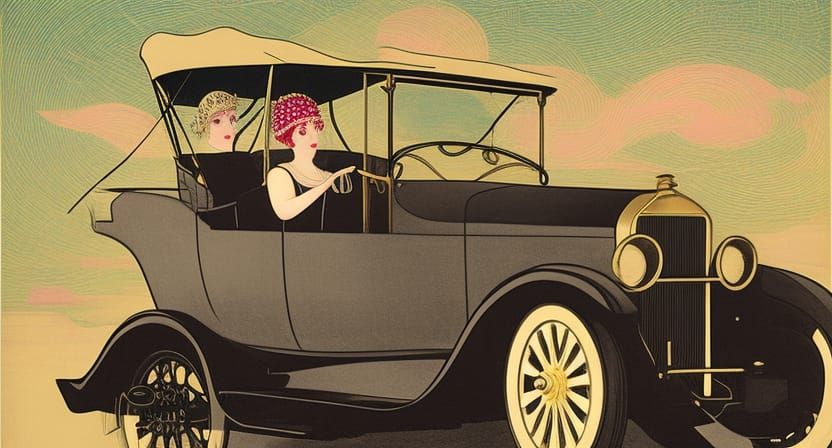 Flapper Girl in 1920s Car, Poster Art Style