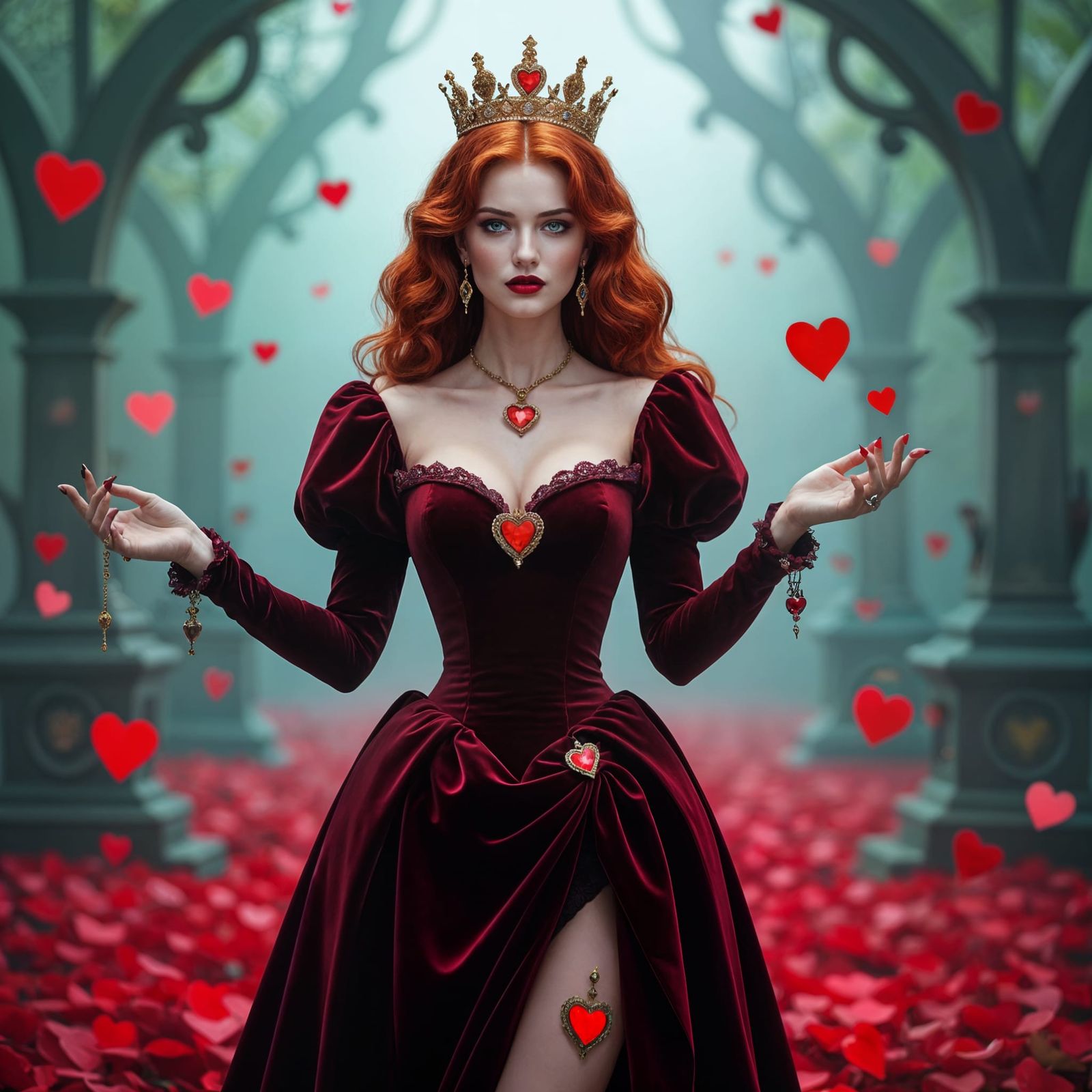 Queen of Hearts: Elegant Redhead in Surreal Dreamscape
