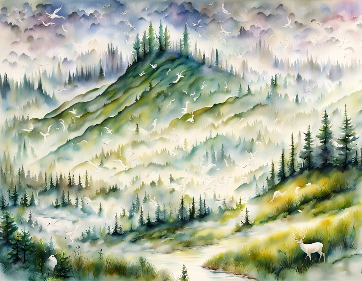 White Deer Silhouette Prancing Down Green Hills in Watercolo...