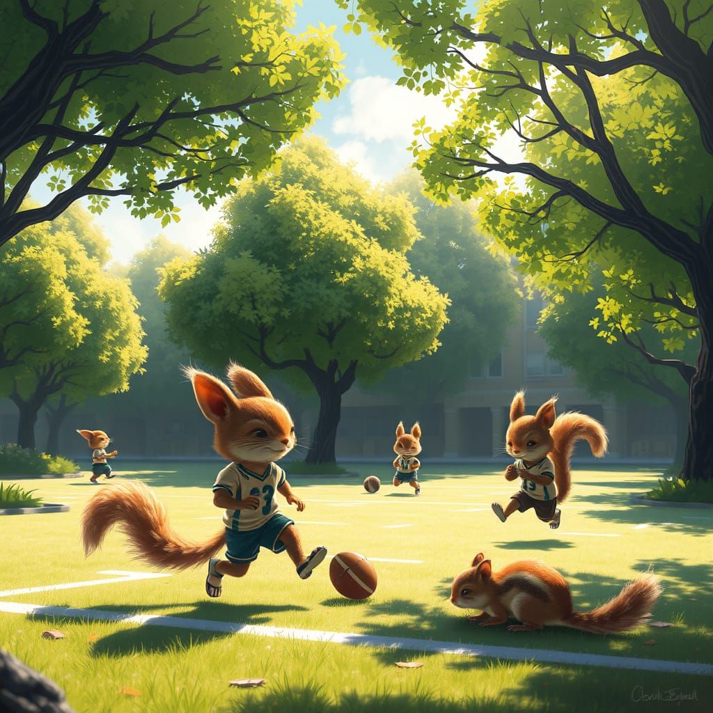 Squirrels Playing Football: Whimsical Digital Painting