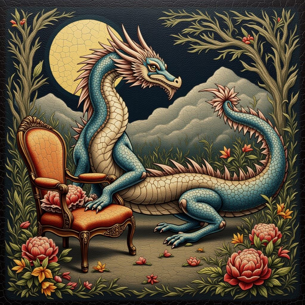 Dragon-Like Figure in Botticelli Style with Manga and Rococo...