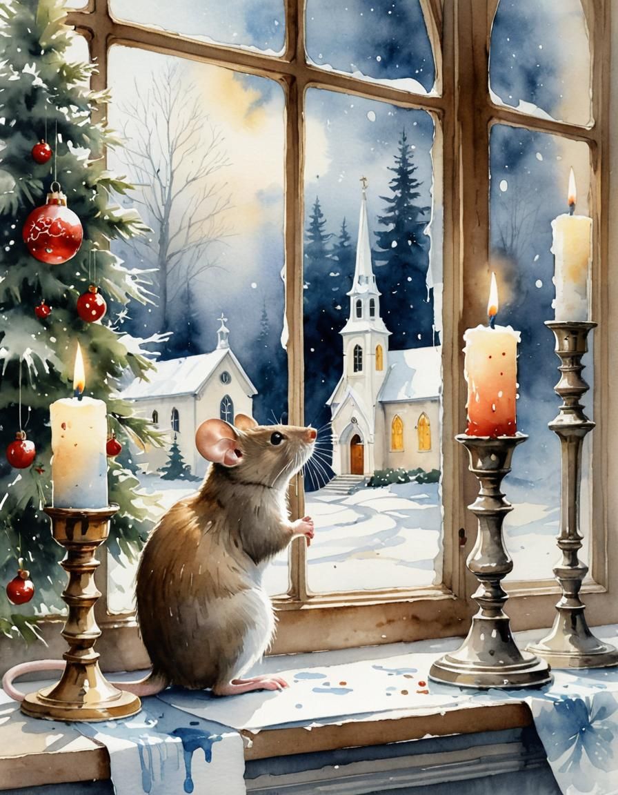 Christmas Watercolor Still Life with Mouse and Garland
