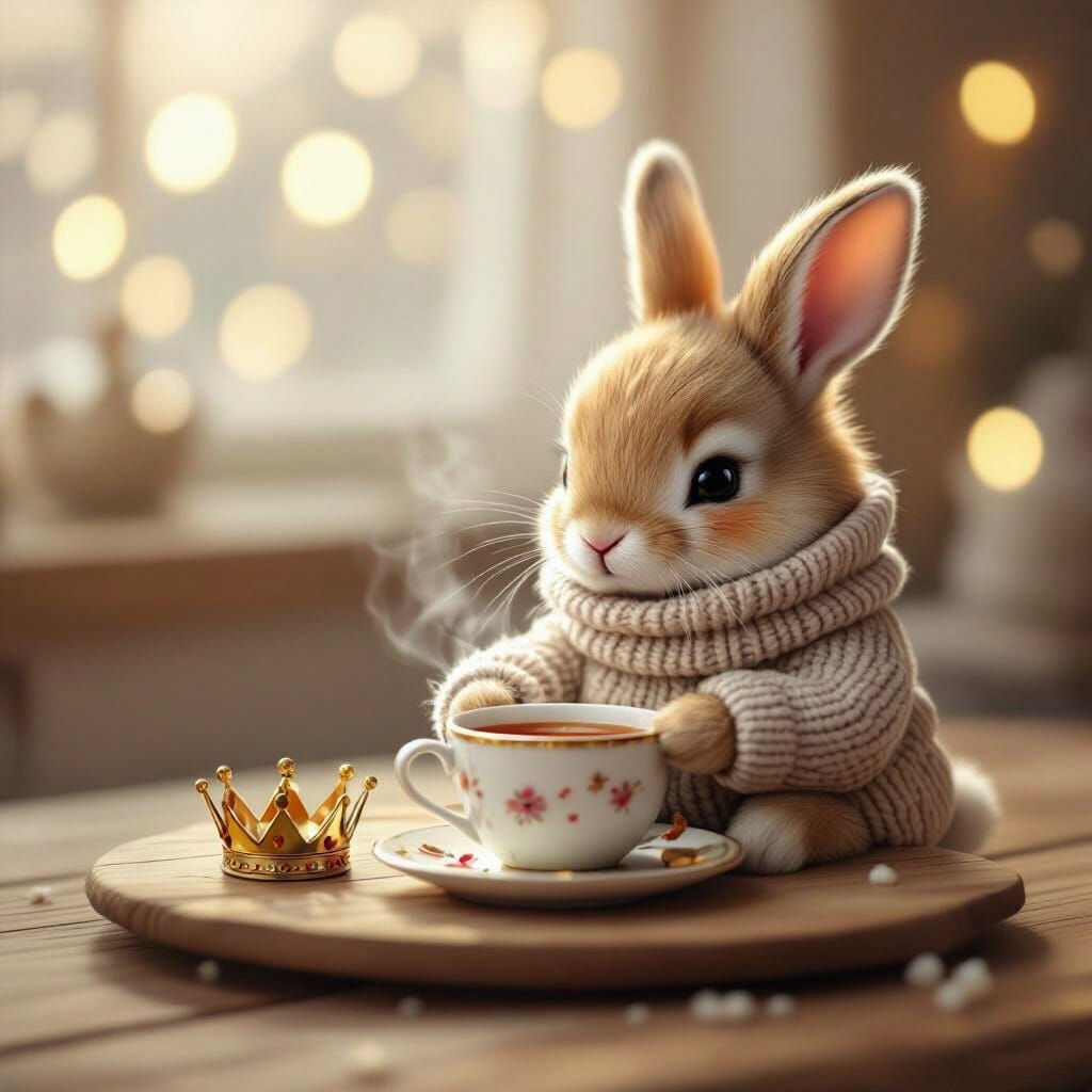 Cozy Rabbit Sipping Tea in Detailed Digital Art