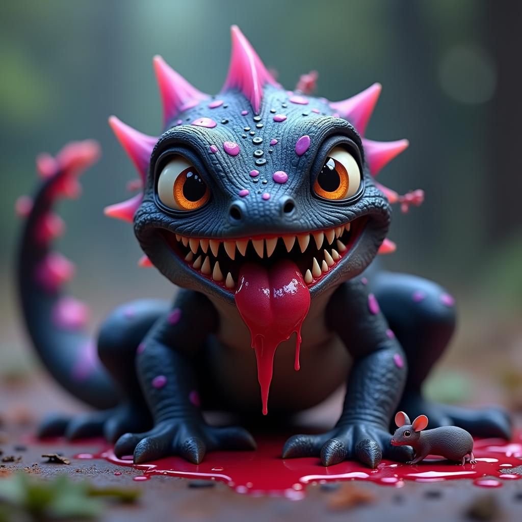 Cartoon Lizard Monster Devours Mouse in Fantasy Art