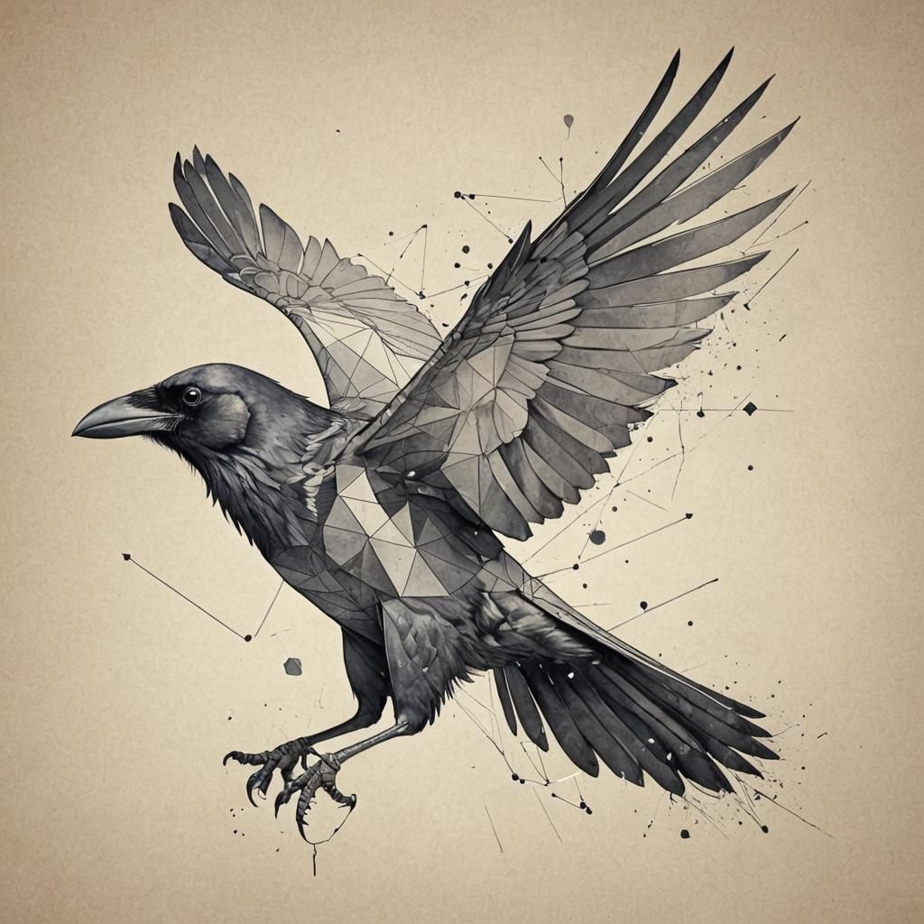 Crow in Flight: Dissolving Geometric Illustration
