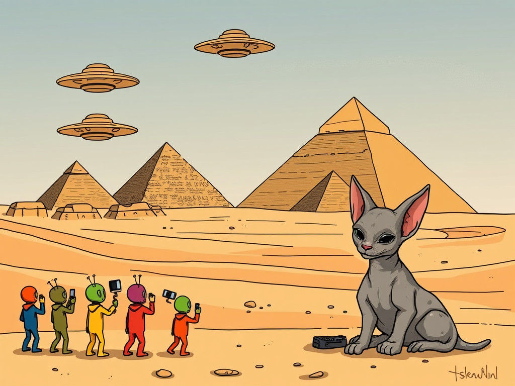 Whimsical UFOs Over Fantasy Desert Landscape with Pyramids