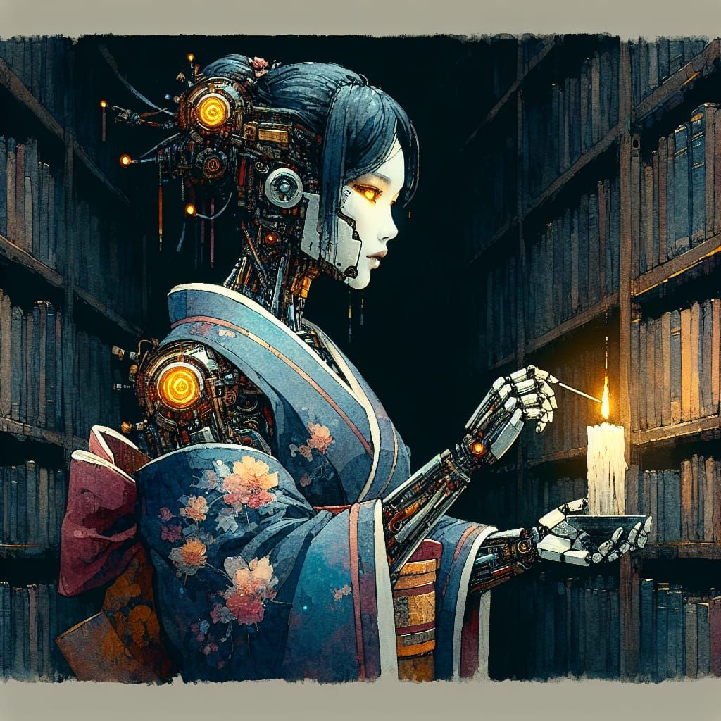 Cyborg in Kimono Lights Candle: Impressionist Watercolour