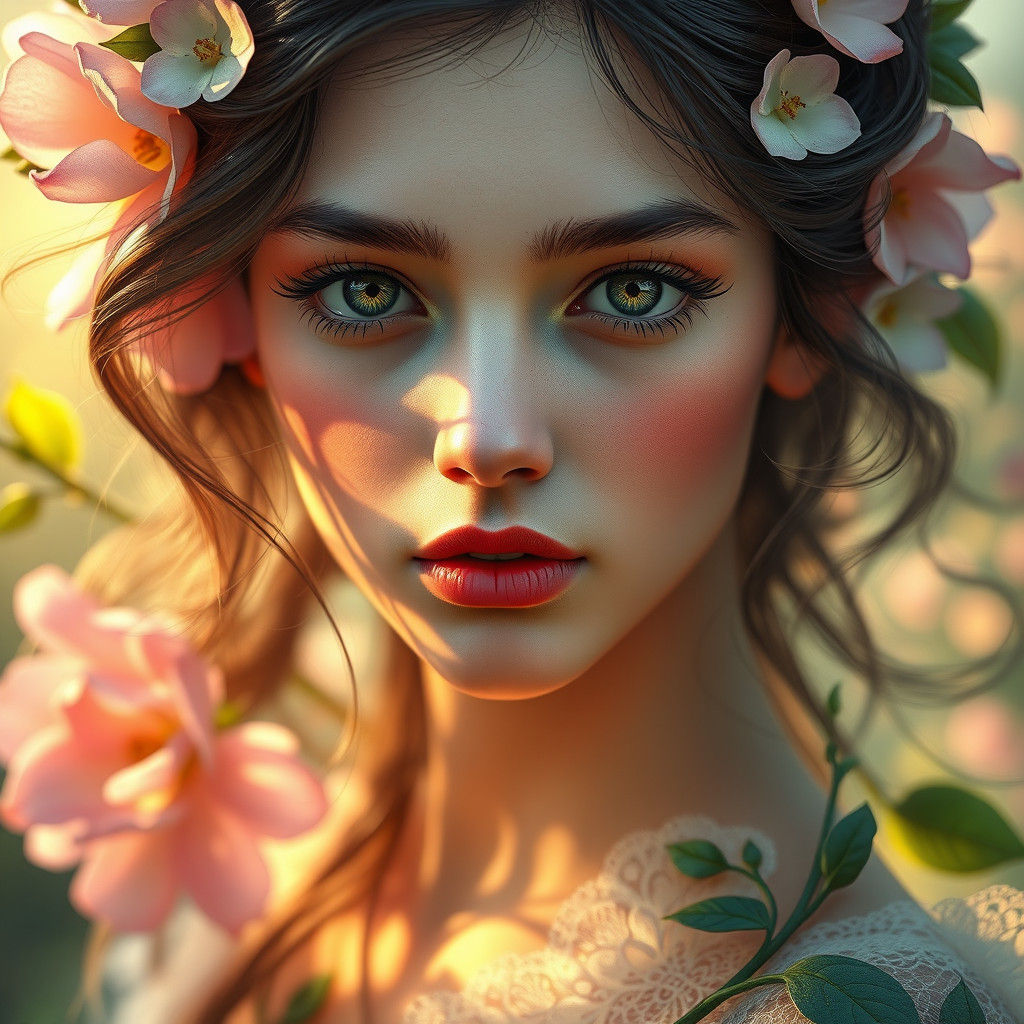 Ethereal Flower Girl Portrait in Art Nouveau Style