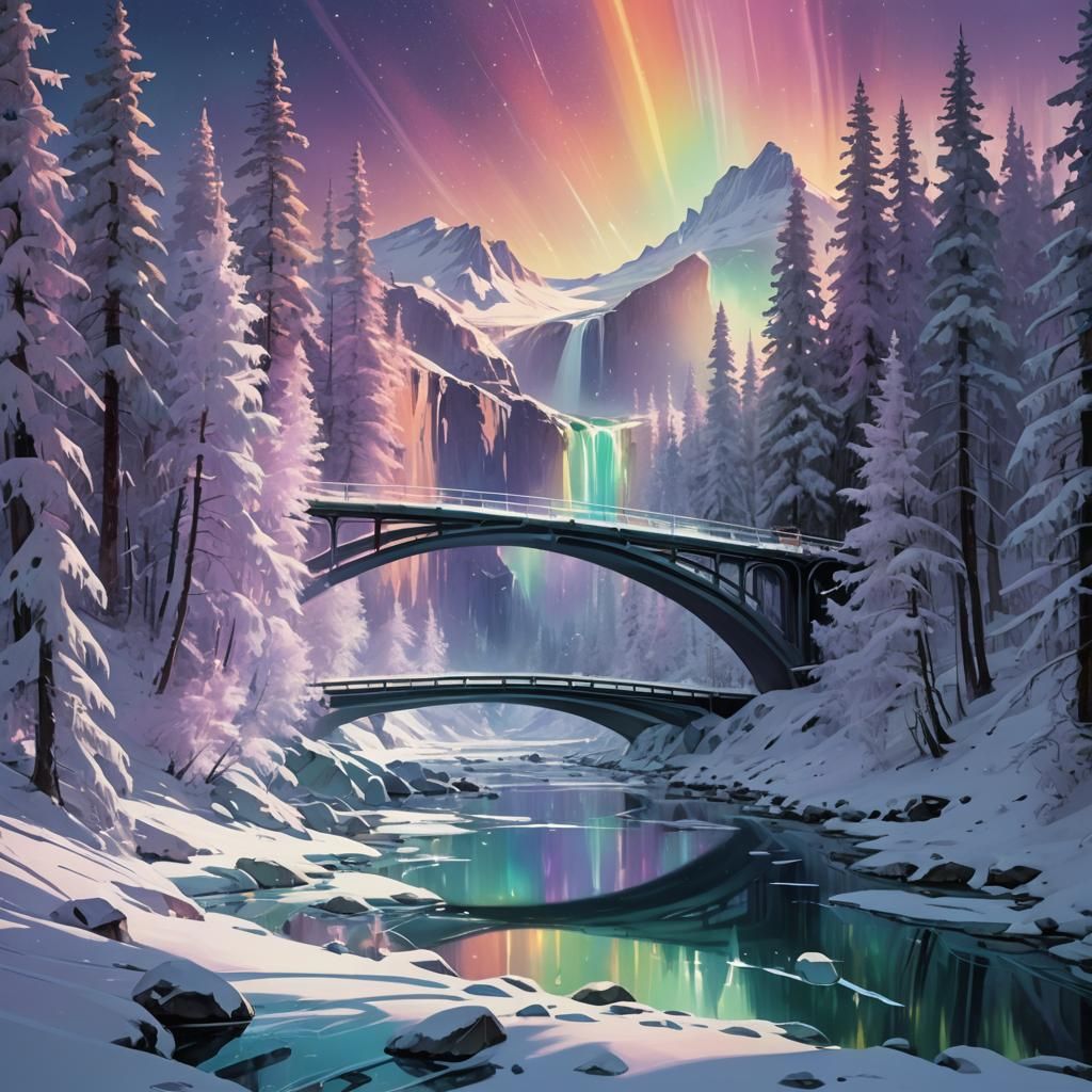 Rainbow Bridge Over Glacial River, Fantasy Art